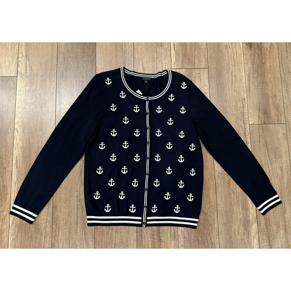 NWT Talbots Button Front Cardigan Size L Navy Blue/White Embroidered Anchors